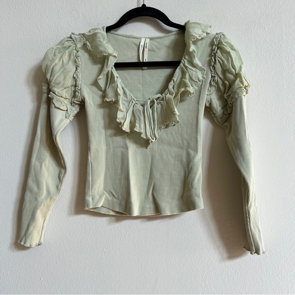 Anthropologie Long-Sleeve Ruffle Top In Green Size XS - Picture 4 of 5
